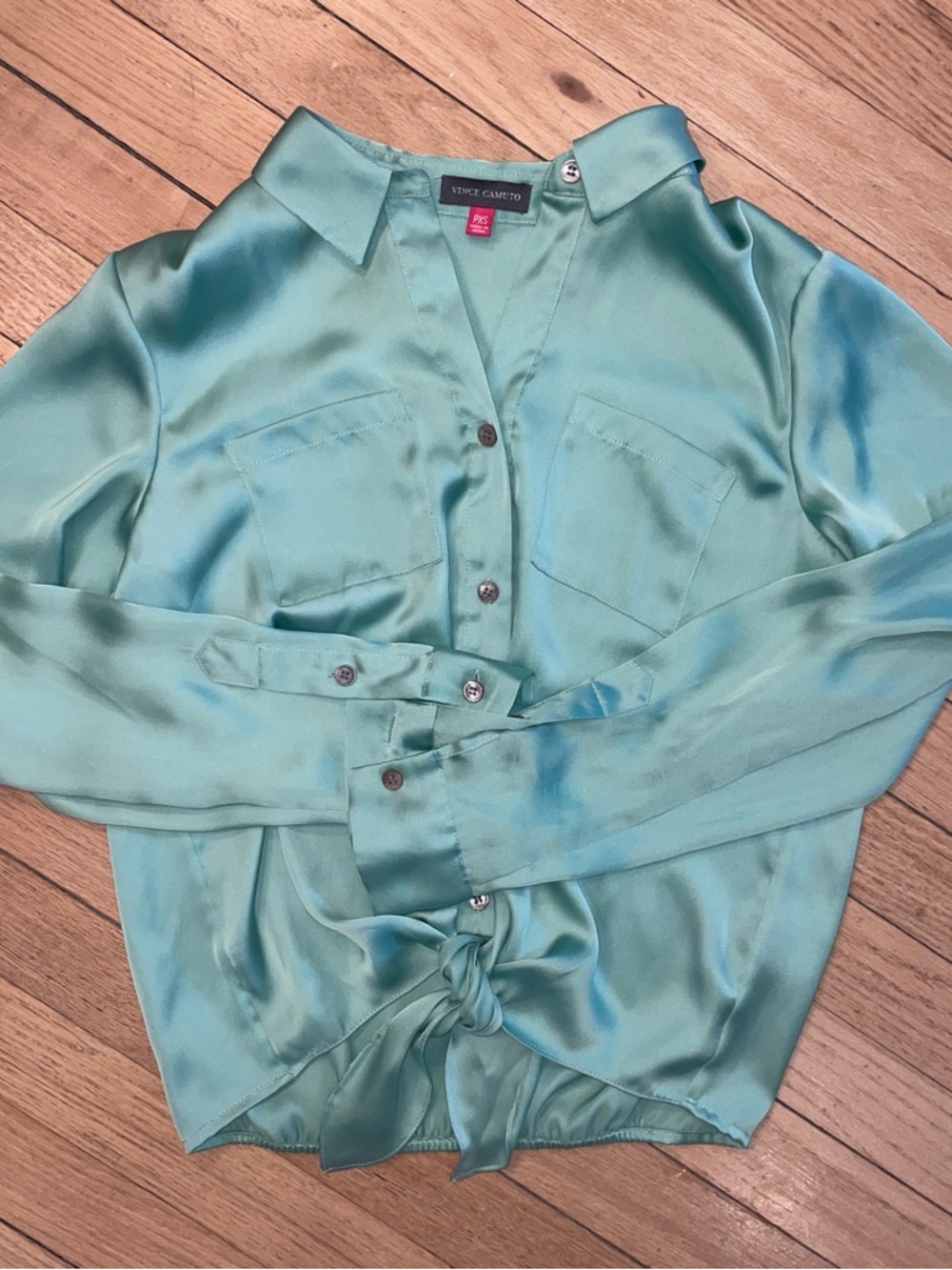 Vince Camuto Teal Satin Button-Front Tie Hem Blouse